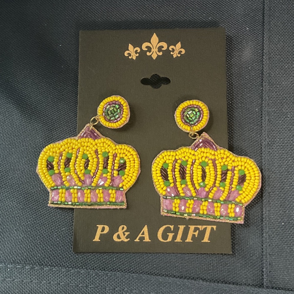 Beaded Crown Drop Earrings in Yellow and Purple authentic New Orleans Mardi Gras